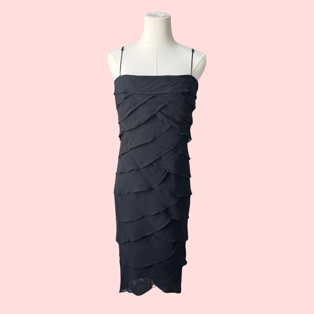 STUNNING Vintage 90s Tadashi Shoji Black Silk Chiffon Layered Dress Size 10